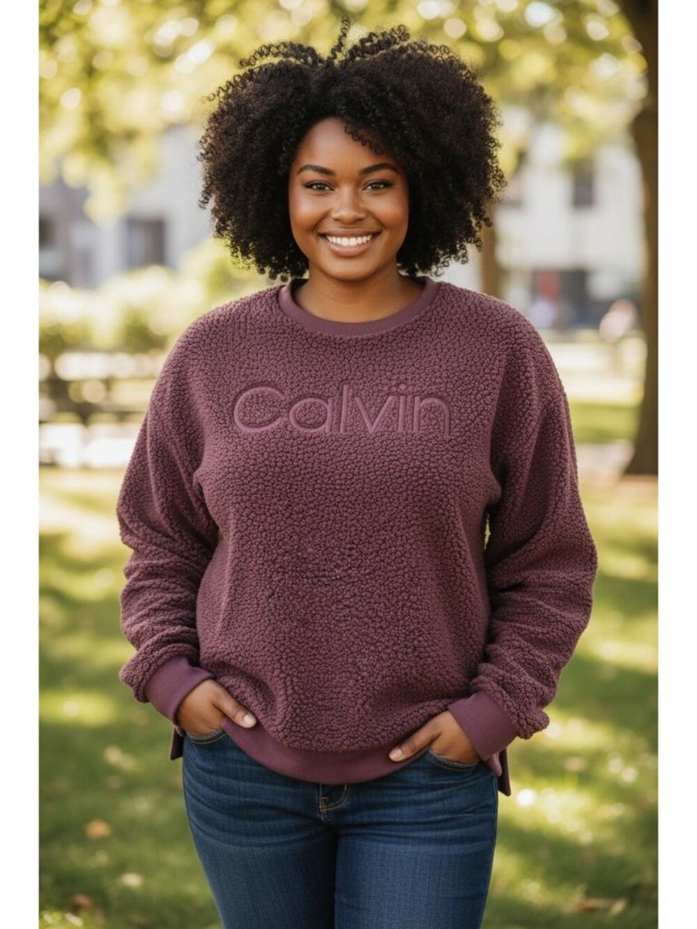 Calvin Klein Sherpa Fleece Pullover Sweatshirt Women's Large Burgundy Logo